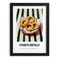 Onion Rings – on Striped Tablecloth, American Food Wall Art, in sleek black frame