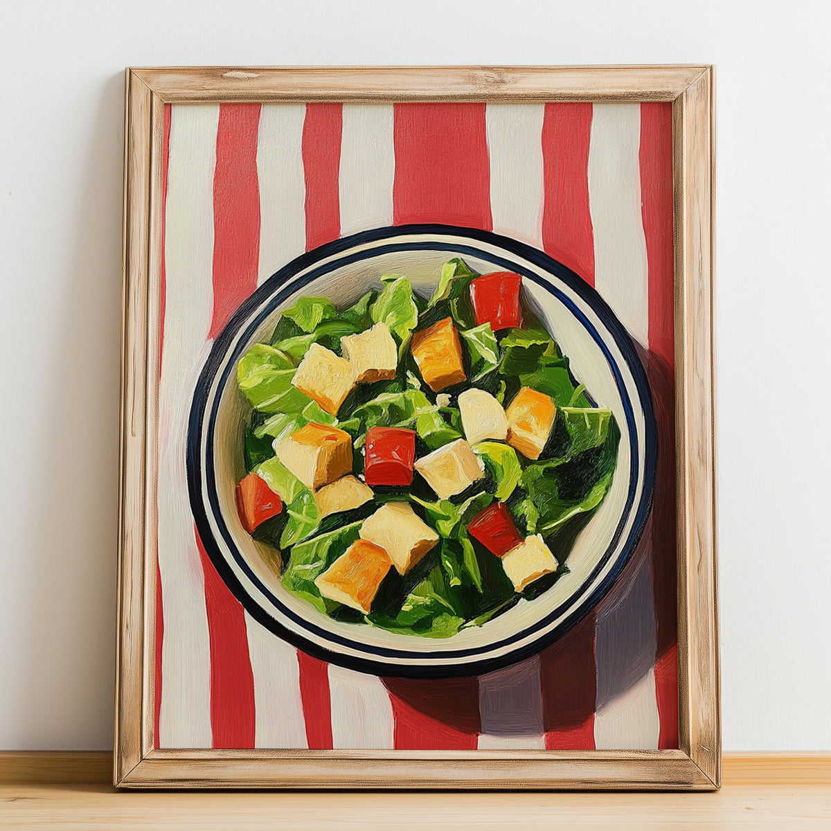 Caesar Salad – on Striped Tablecloth, American Food Wall Decor, no-text version framed in wood