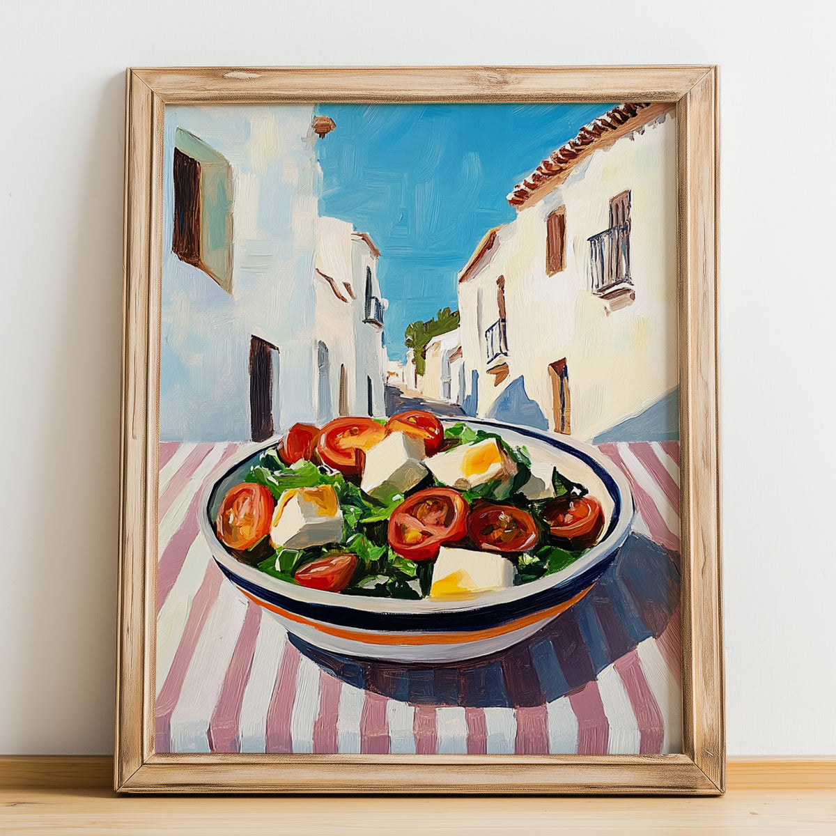Greek Salad – White village Urban Café Scene, Greek Food Illustration, no-text version framed in wood