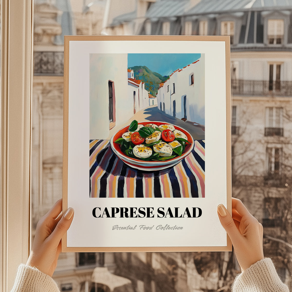 Caprese Salad – White village Urban Café Scene, Italian Food Wall Decor, styled in a charming Paris street view