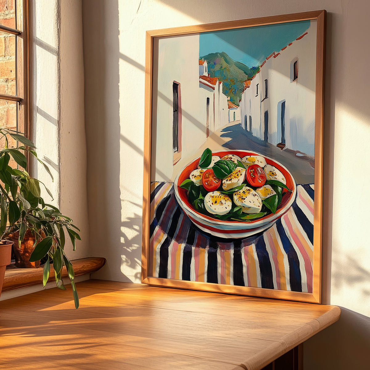 Caprese Salad – White village Urban Café Scene, Italian Food Wall Decor, clean layout with no caption