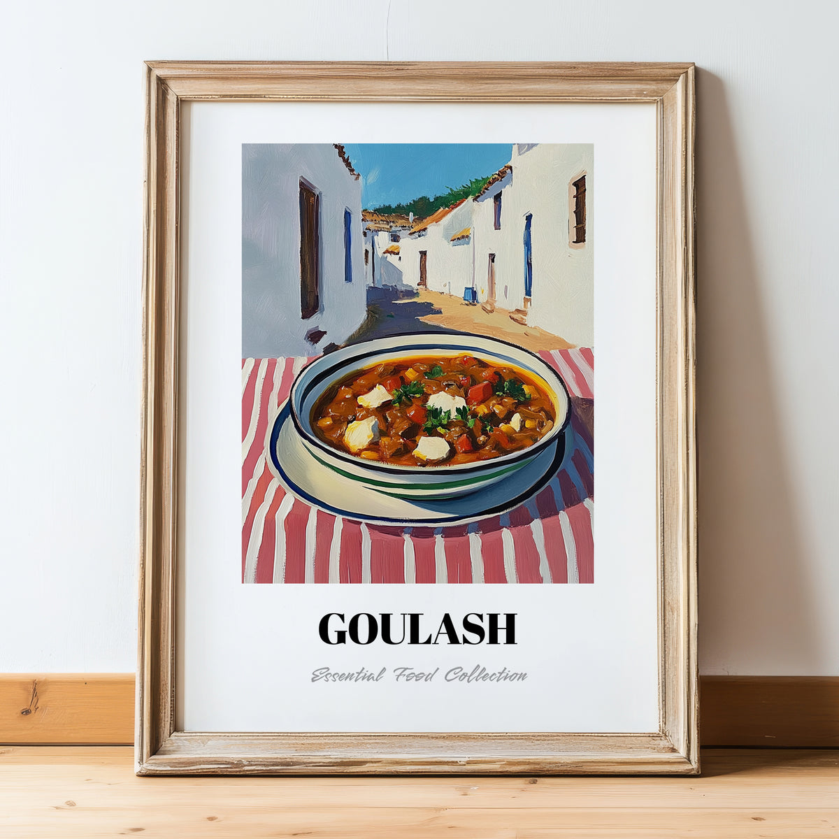 Goulash – White village Urban Café Scene, Hungarian Food Illustration, in wooden frame leaning on the floor