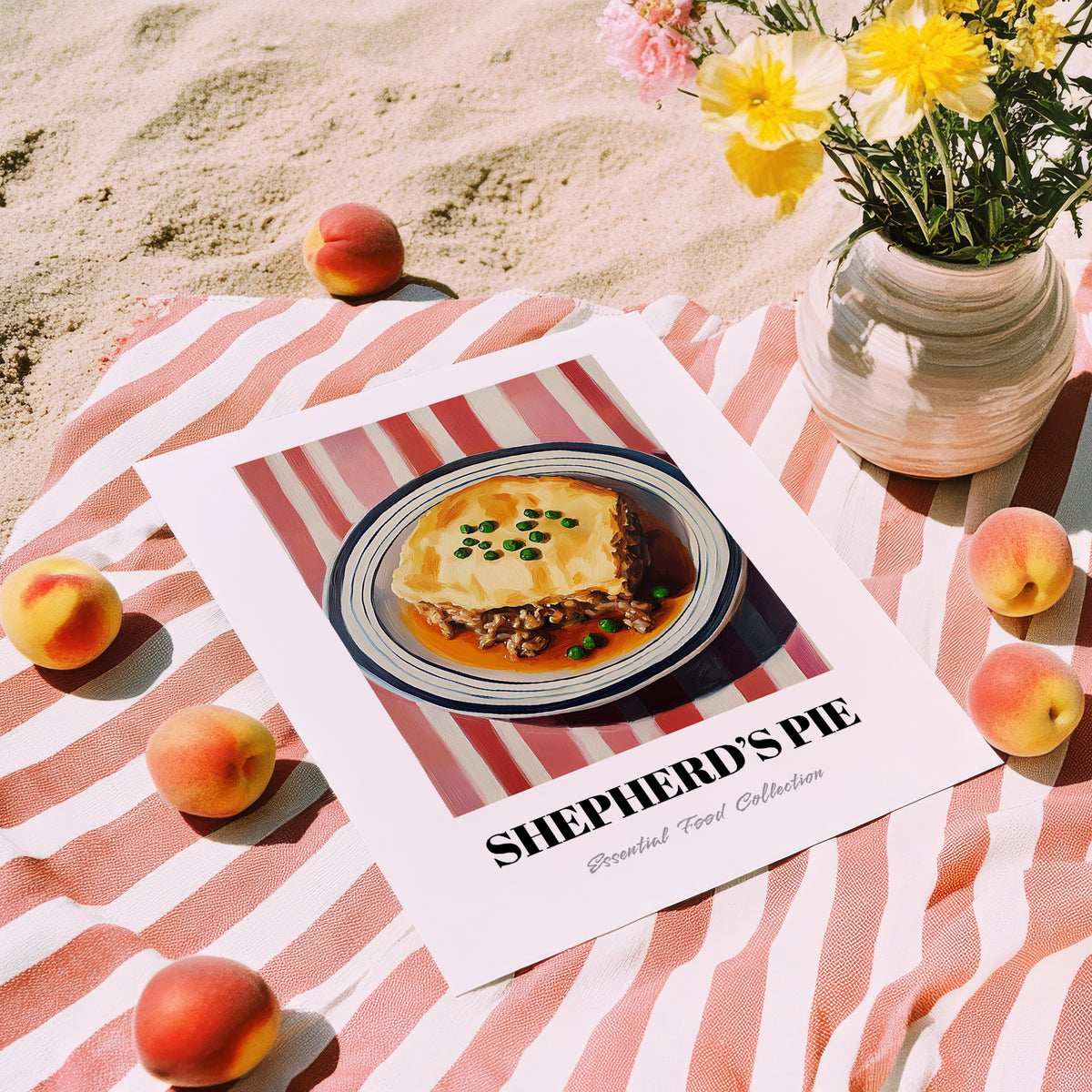 Shepherd’s Pie – on Striped Tablecloth, British Food Poster, unframed on coastal sand