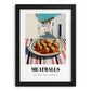 Meatballs – White village Street Café Scene, Italian Food Wall Art, in sleek black frame