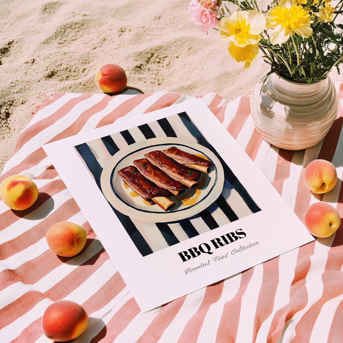 BBQ Ribs – on Striped Tablecloth, American Bbq Still Life, unframed on coastal sand