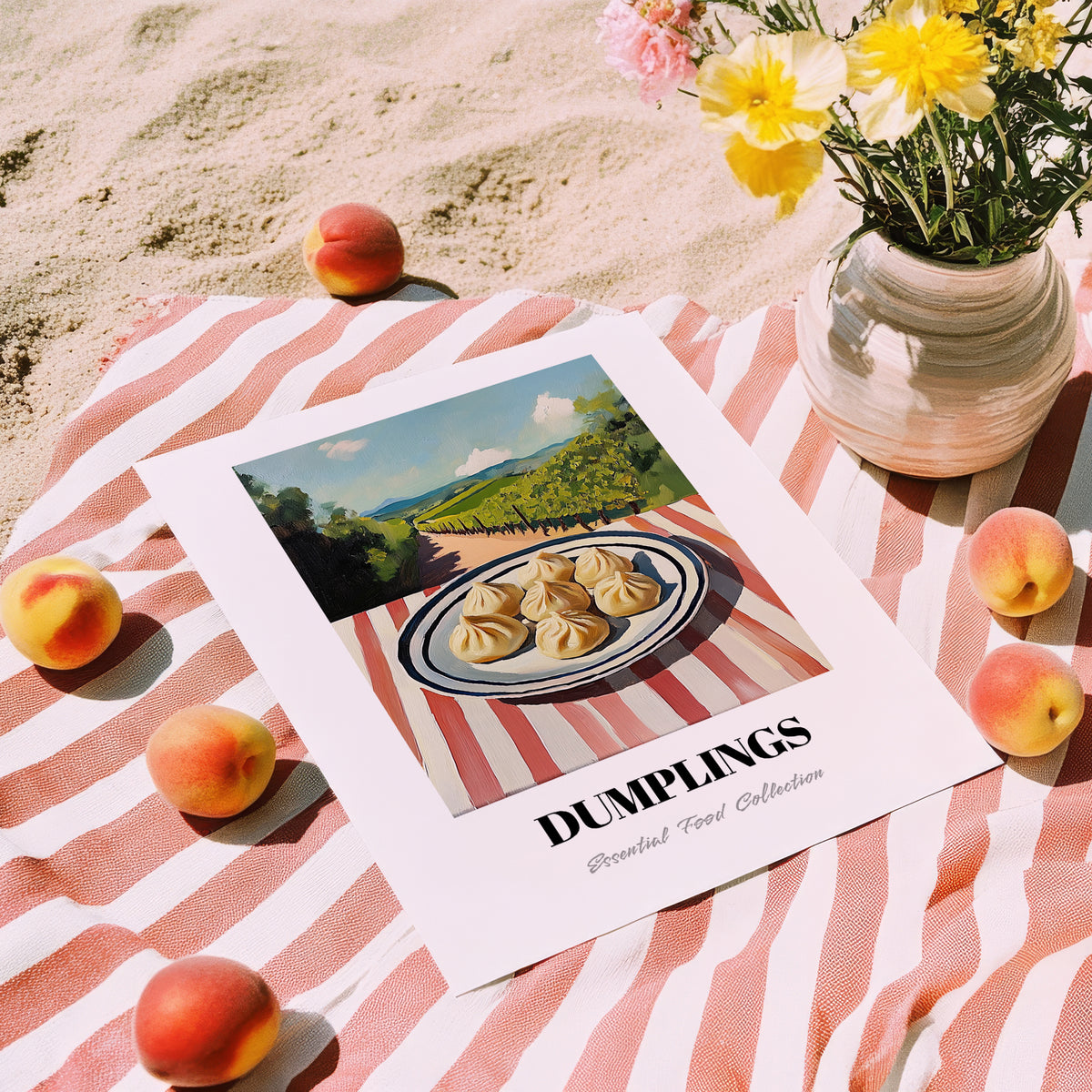 Dumplings – Hilltop Table Scene, Chinese Food Art, unframed on coastal sand