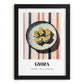 Gyoza – on Striped Tablecloth, Japanese Food Wall Art, in sleek black frame