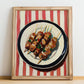 Kebab – on Striped Tablecloth, Turkish Food Painting, no-text version framed in wood