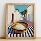 Rice And Beans – White village Outdoor Café Scene, Latin Food Illustration, no-text version framed in wood
