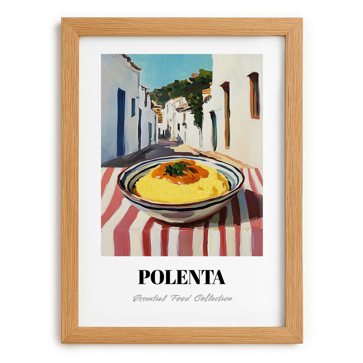 Polenta – White village Street Café Scene, Italian Food Still Life, set in oak frame