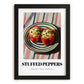 Stuffed Peppers – on Striped Tablecloth, Balkan Food Poster, in sleek black frame