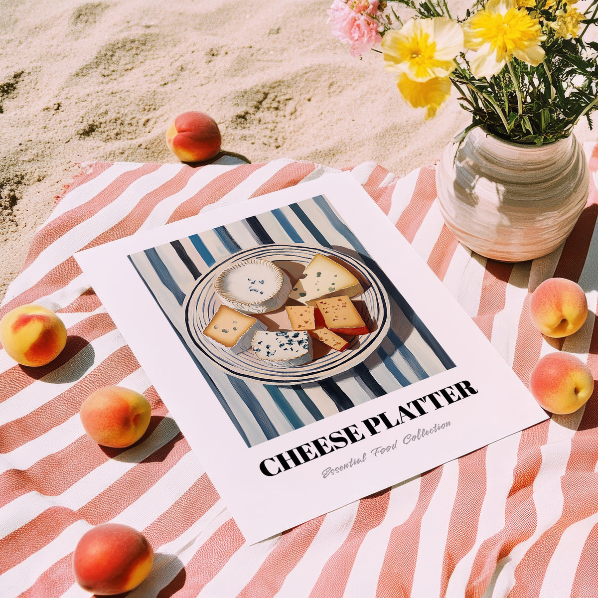 Cheese Platter – on Striped Tablecloth, French Cheese Still Life, unframed on coastal sand