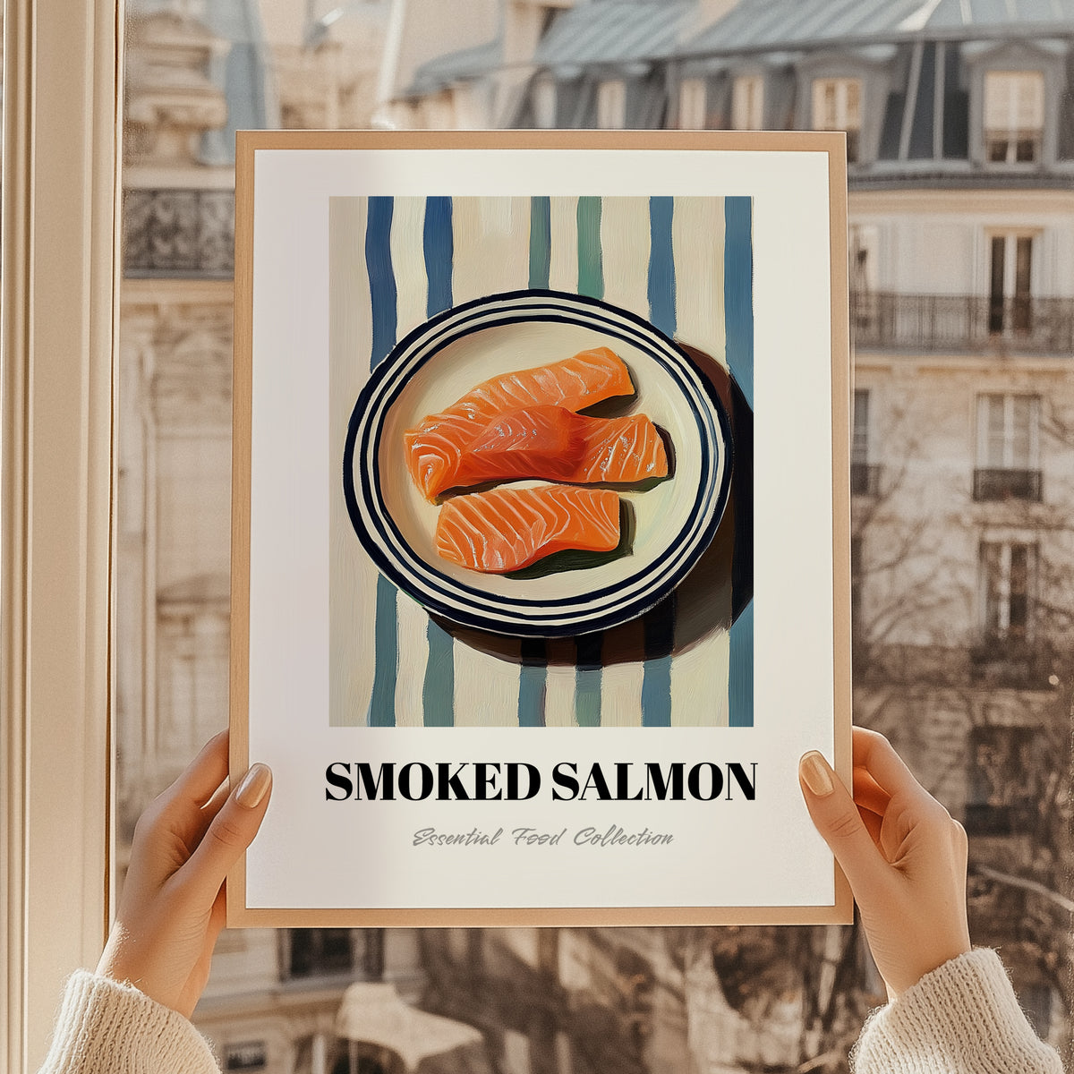Smoked Salmon – on Striped Tablecloth, Norwegian Food Art, styled in a charming Paris street view