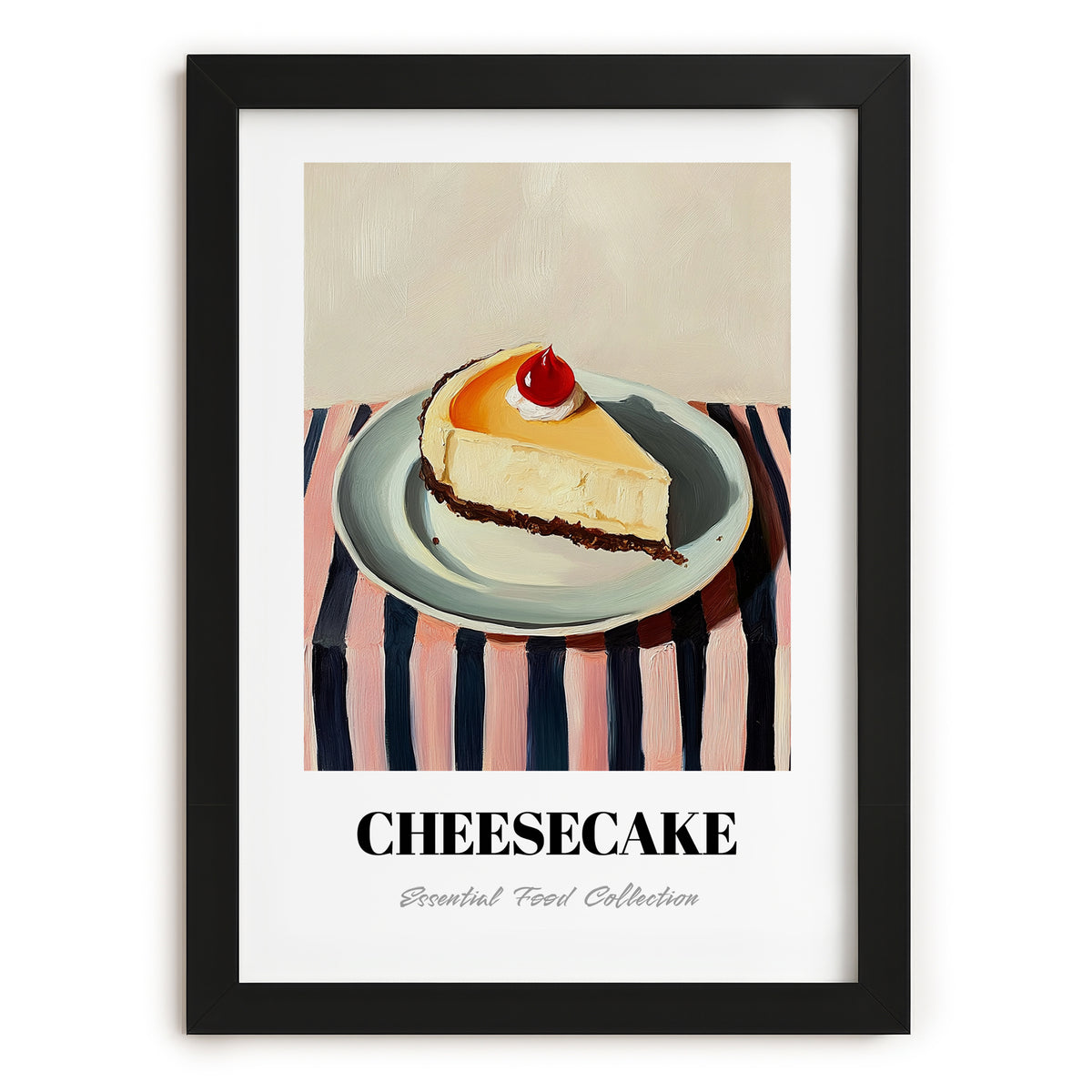 Cheesecake – on Striped Tablecloth, American Dessert Wall Decor, in sleek black frame