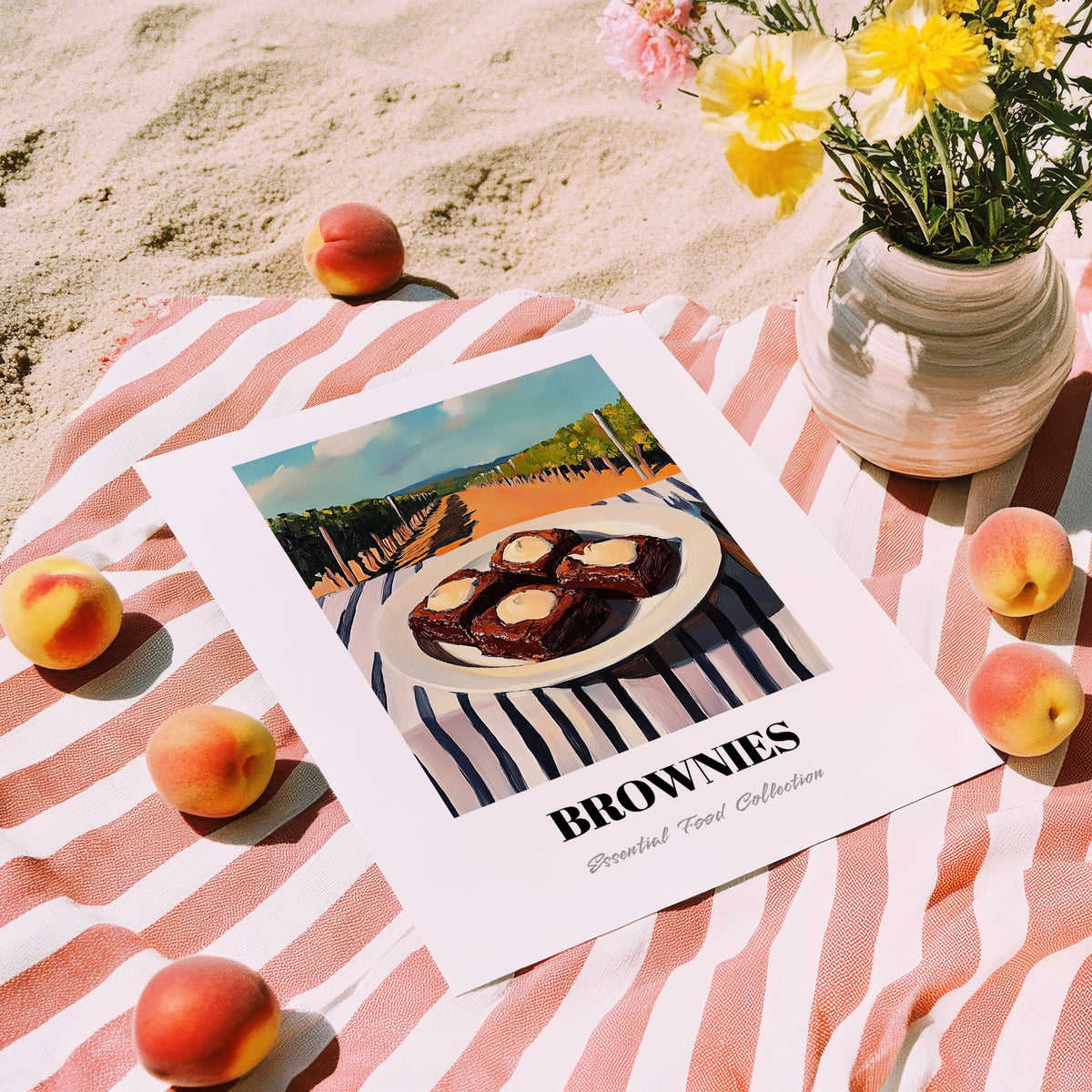 Brownies – Hilltop Café Scene, American Dessert Poster, unframed on coastal sand