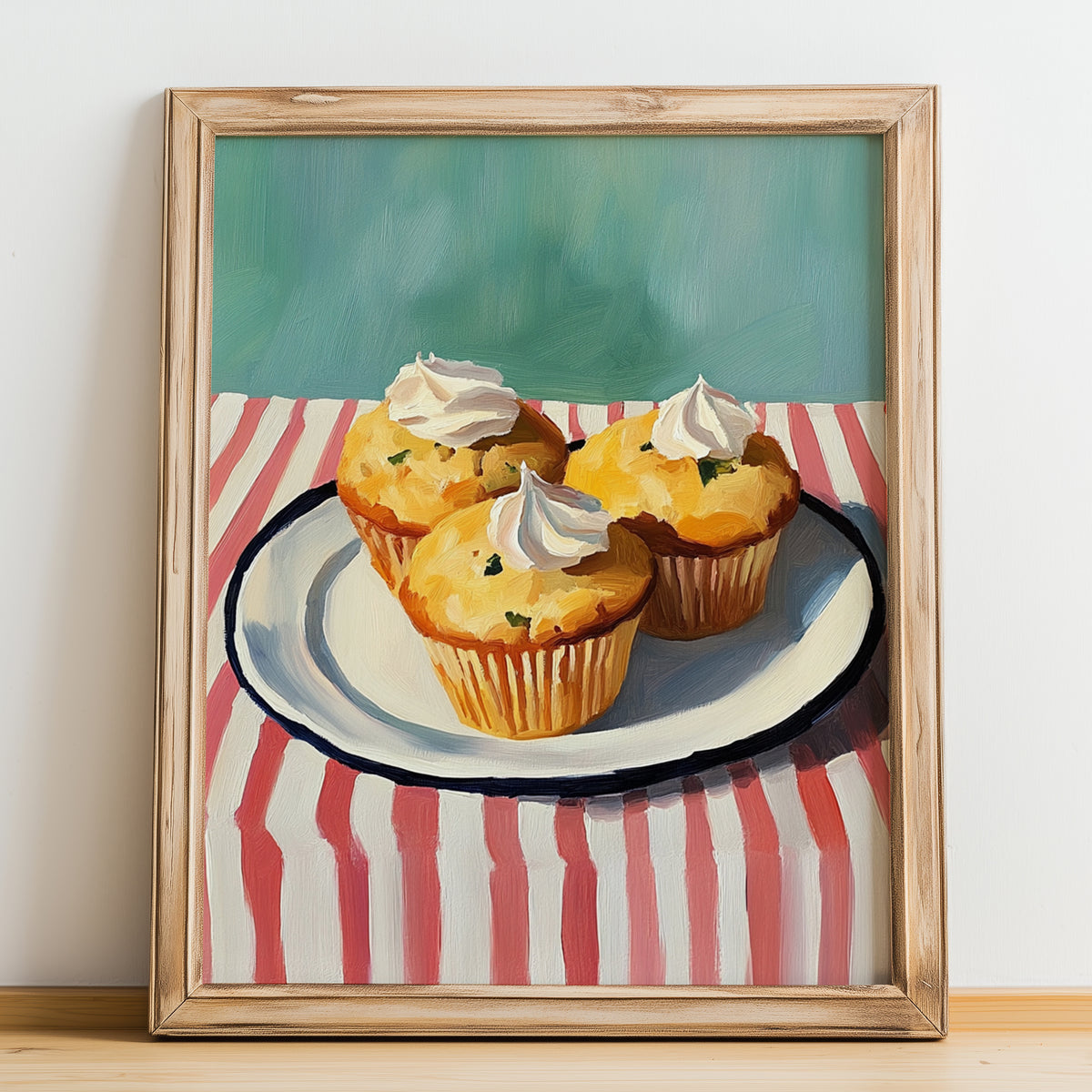 Muffins – on Striped Tablecloth, American Pastry Painting, no-text version framed in wood