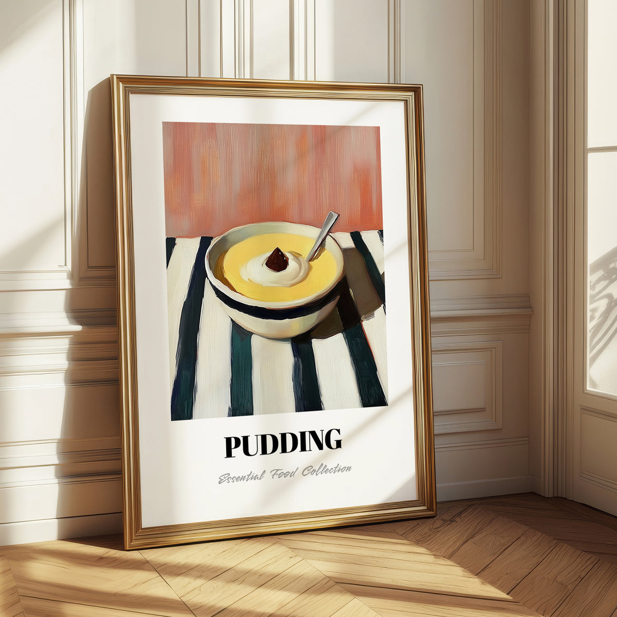 Pudding – on Striped Tablecloth, British Dessert Poster 