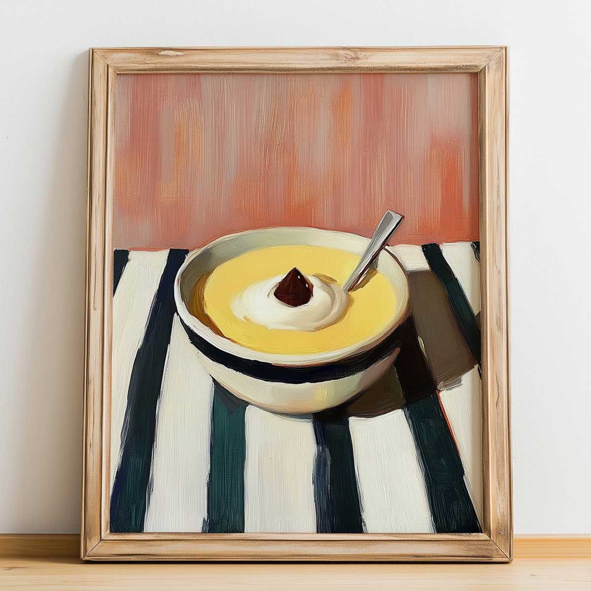 Pudding – on Striped Tablecloth, British Dessert Poster, no-text version framed in wood