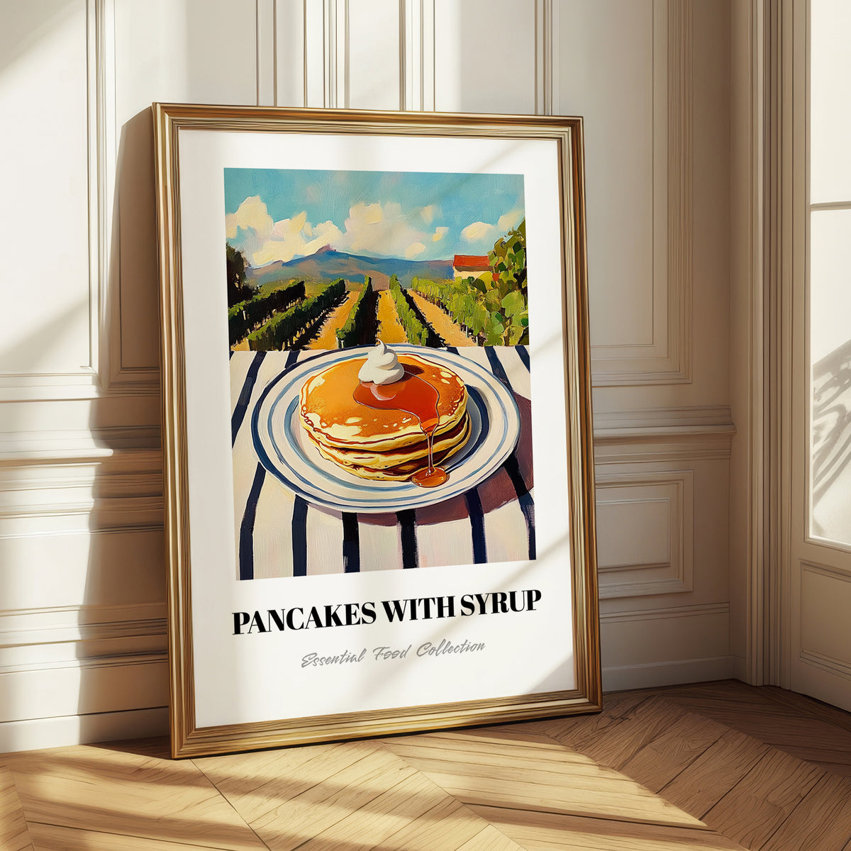 Pancakes With Syrup – Hilltop Table Scene, American Pastry Still Life 