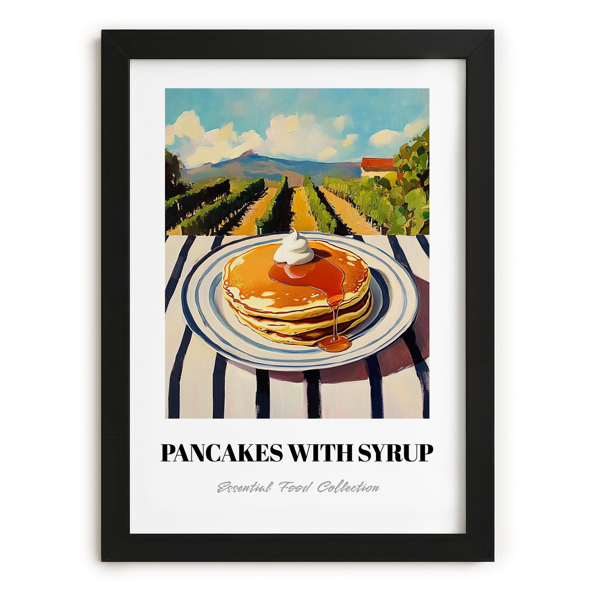 Pancakes With Syrup – Hilltop Table Scene, American Pastry Still Life, in sleek black frame