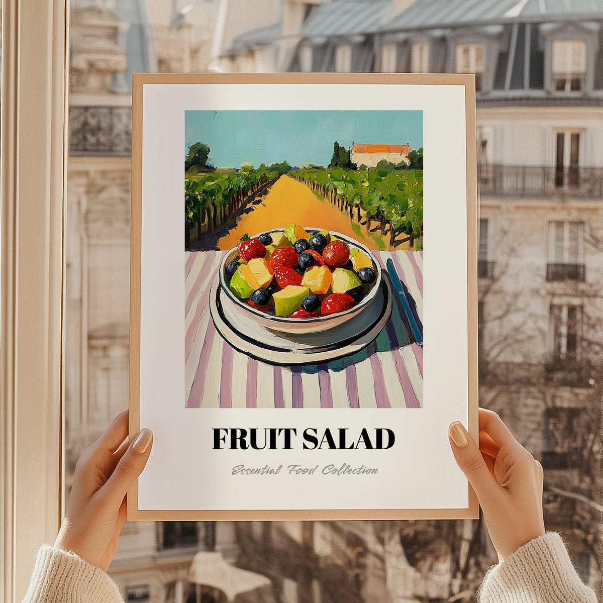 Fruit Salad – Hilltop Table Scene, American Food Wall Decor, styled in a charming Paris street view