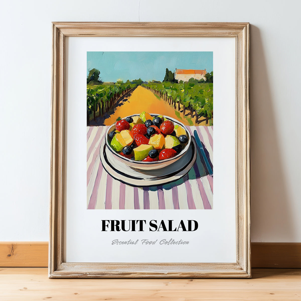 Fruit Salad – Hilltop Table Scene, American Food Wall Decor, in wooden frame leaning on the floor