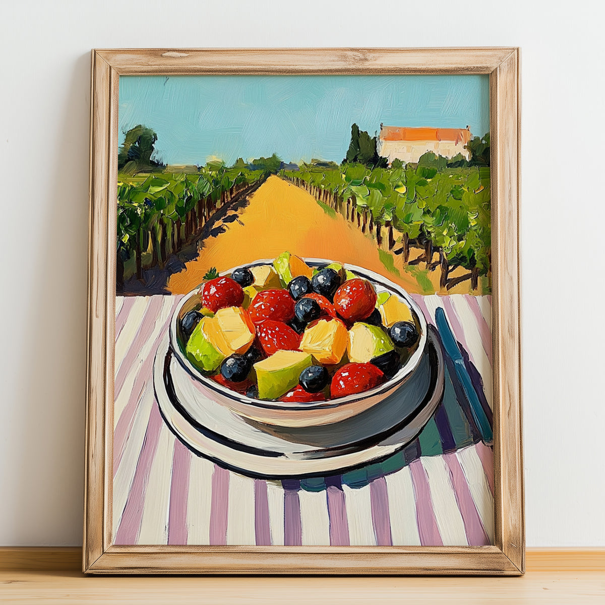 Fruit Salad – Hilltop Table Scene, American Food Wall Decor, no-text version framed in wood