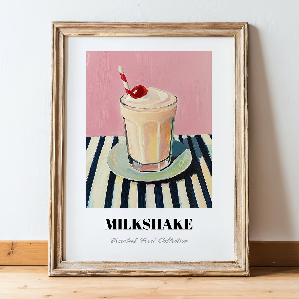Milkshake – on Striped Tablecloth, American Drink Illustration, in wooden frame leaning on the floor