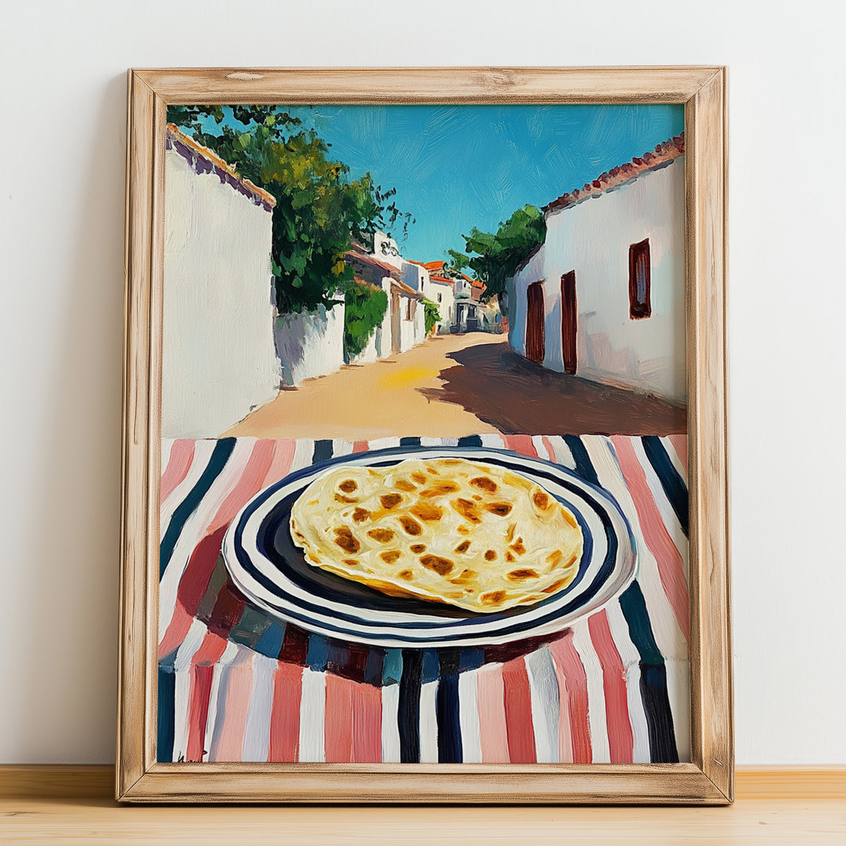 Tortilla – Mexican village Café on the Corner, Mexican Food Painting, no-text version framed in wood