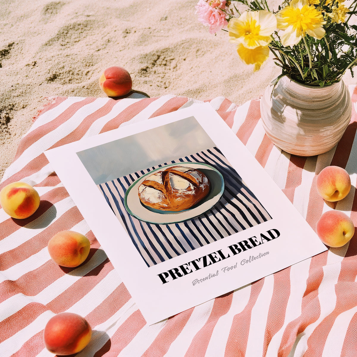 Pretzel Bread – on Striped Tablecloth, German Pastry Still Life, unframed on coastal sand