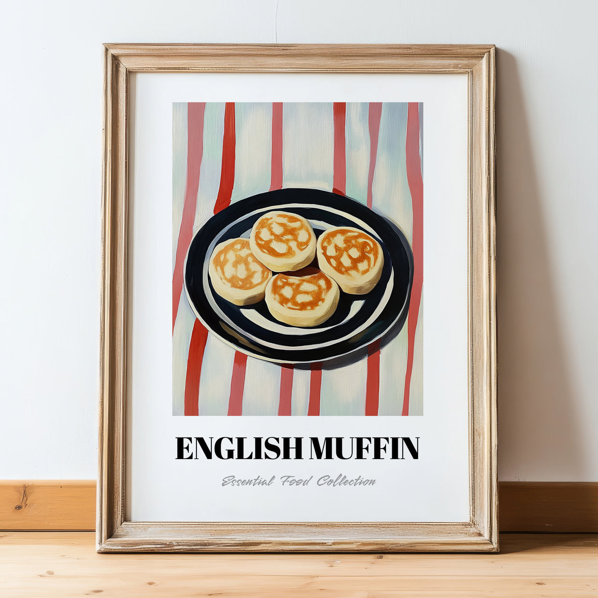 English Muffin – on Striped Tablecloth, British Pastry Still Life, in wooden frame leaning on the floor