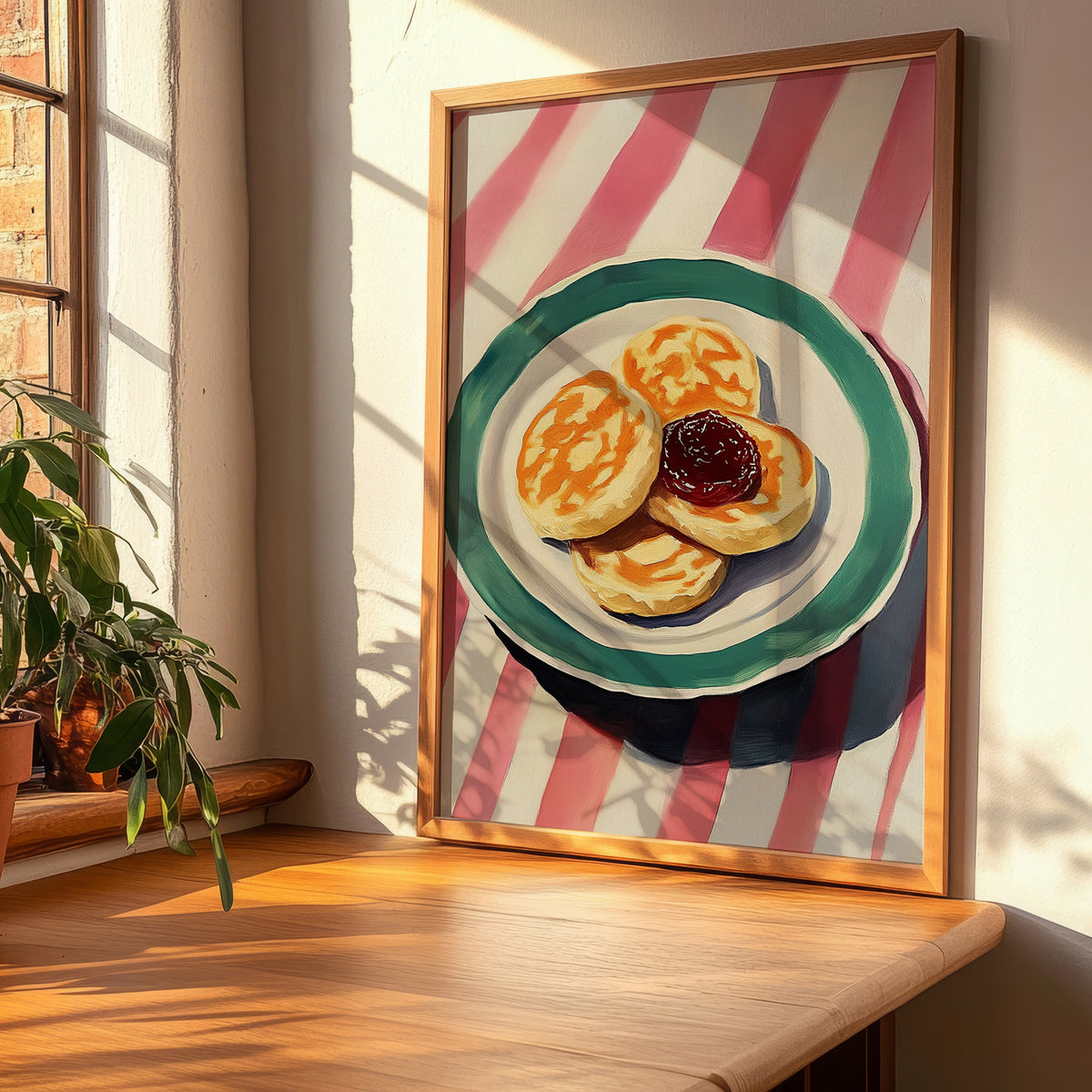 Crumpets – on Striped Tablecloth, British Pastry Wall Decor, clean layout with no caption