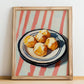Cheese Puffs – on Striped Tablecloth, American Cheese Painting, no-text version framed in wood