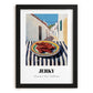 Jerky – White village Street Café Scene, American Food Poster, in sleek black frame