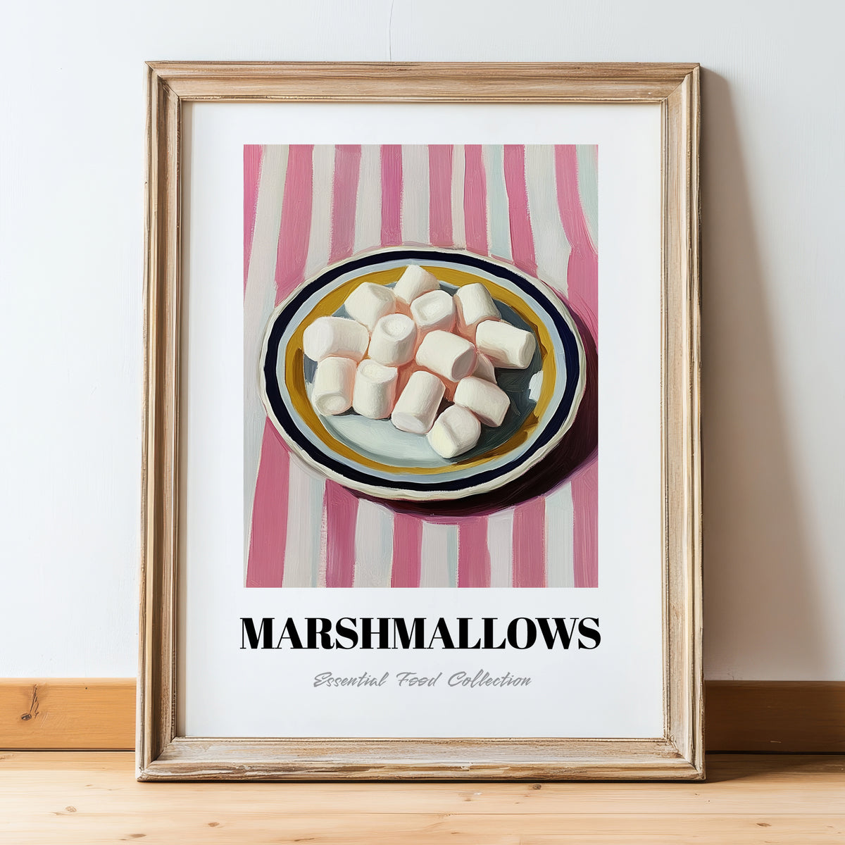 Marshmallows – on Striped Tablecloth, American Dessert Wall Illustration, in wooden frame leaning on the floor