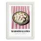 Marshmallows – on Striped Tablecloth, American Dessert Wall Illustration, placed in minimal white frame