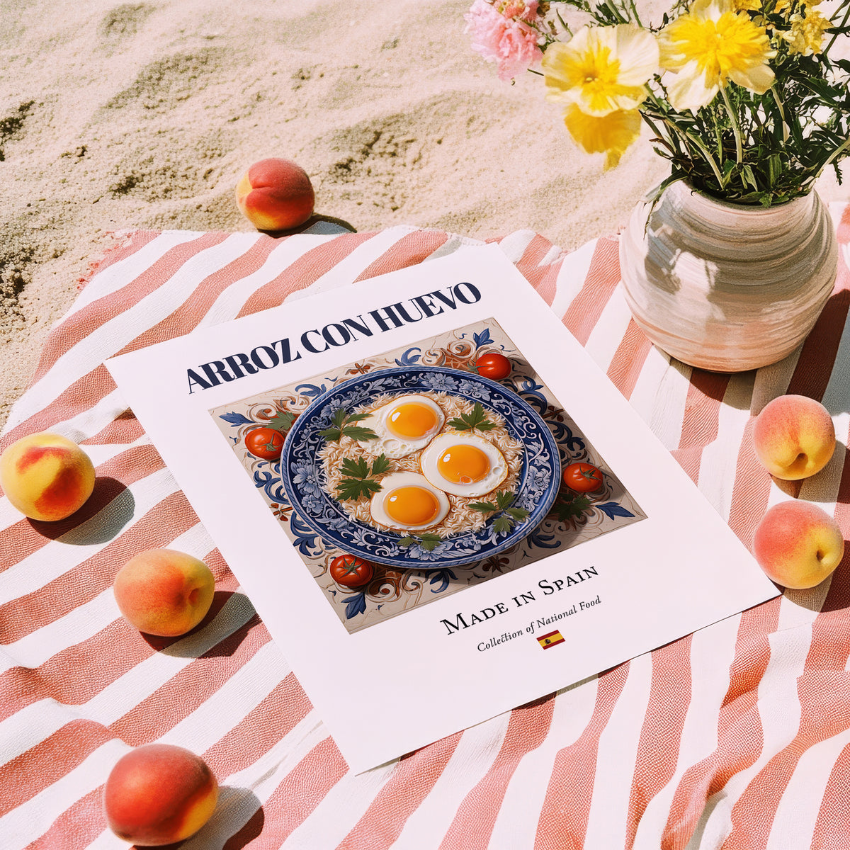 Arroz con huevo – Spanish Rice Dish, Restaurant Poster, unframed on coastal sand