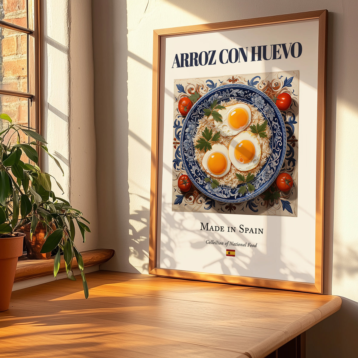 Arroz con huevo – Spanish Rice Dish, Restaurant Poster, no-text version framed in wood