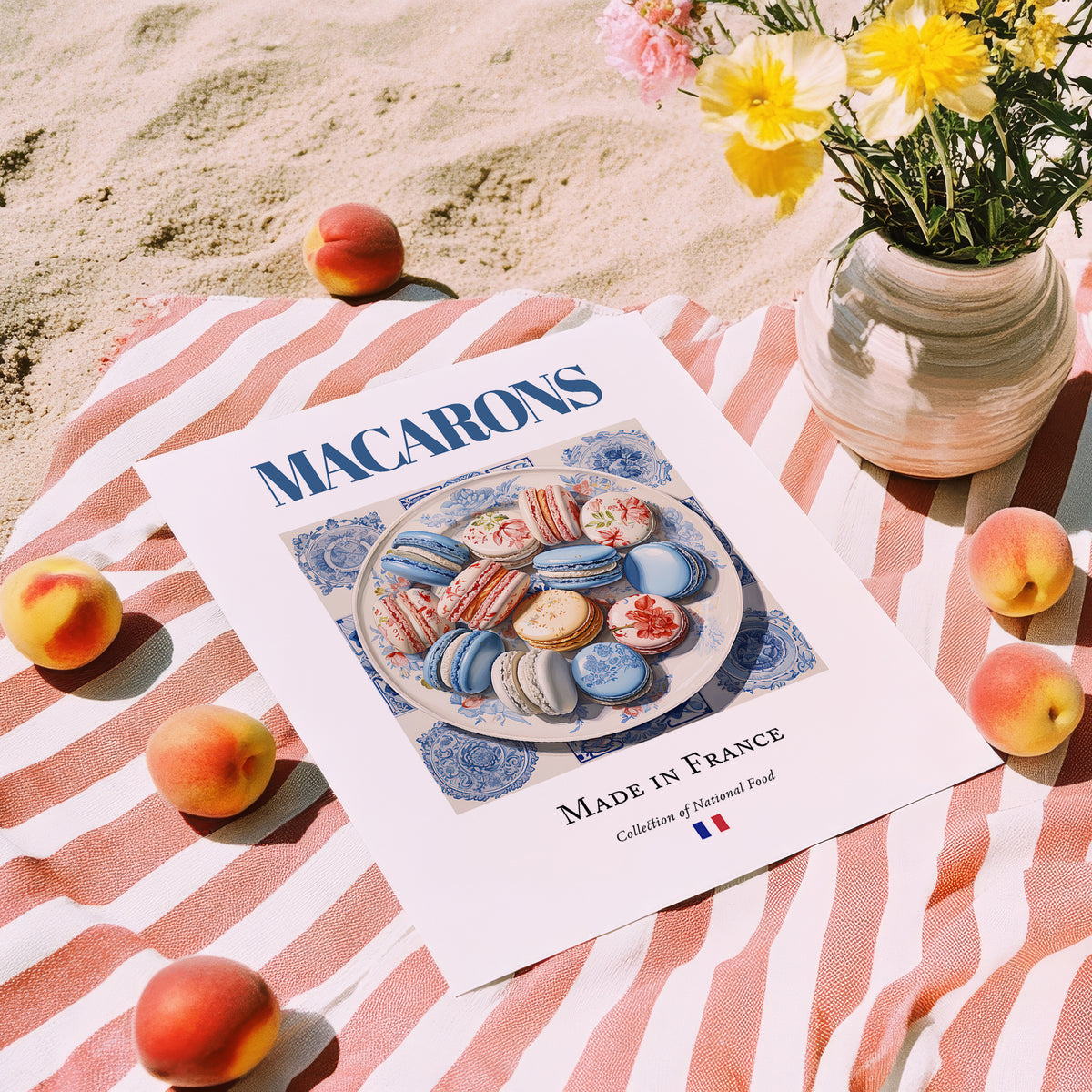 Macarons – French Dessert Dish, Fine Dining Restaurant Wall Art, unframed on coastal sand