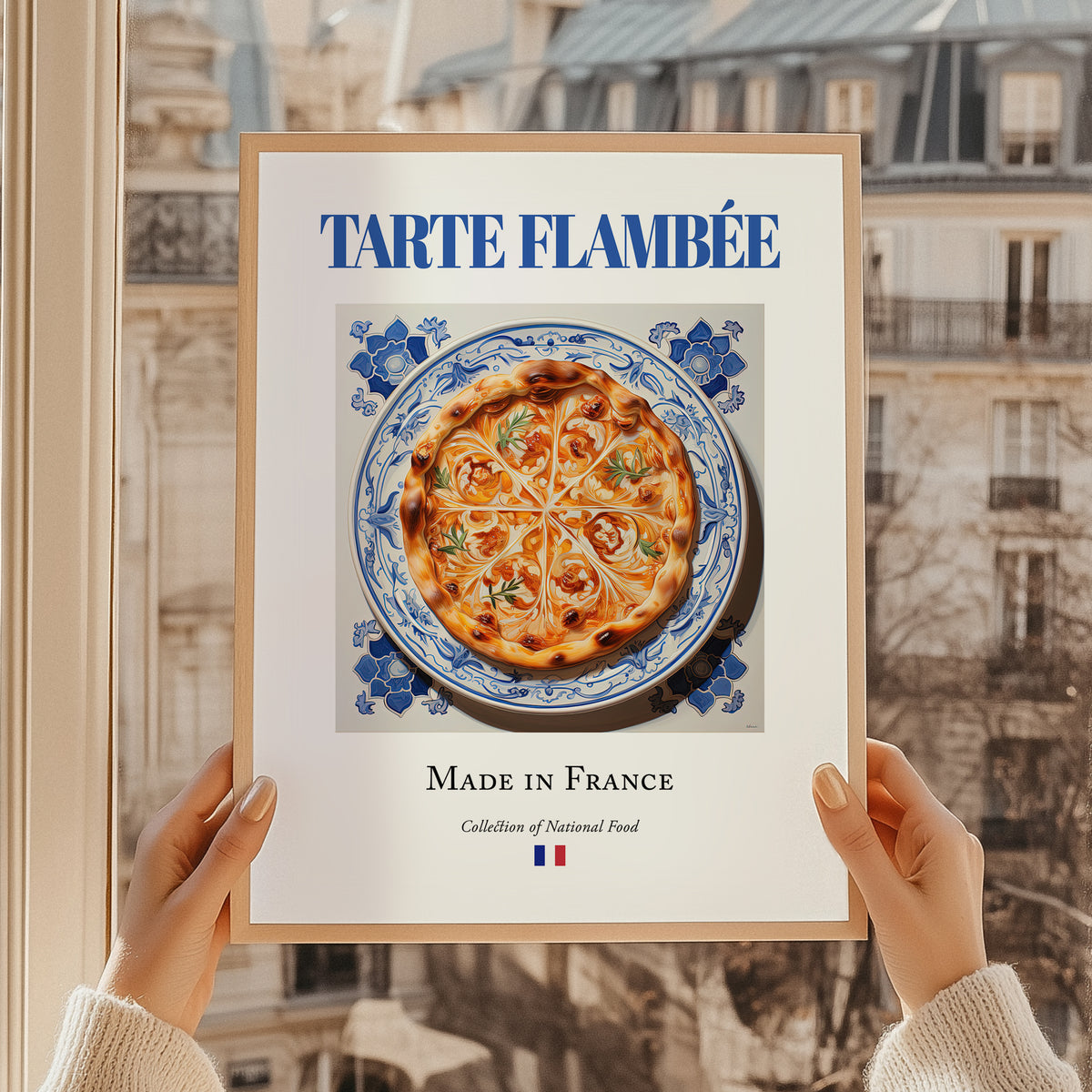 Tarte flambée – French Pastry Dish, Bistro Poster, styled in a charming Paris street view