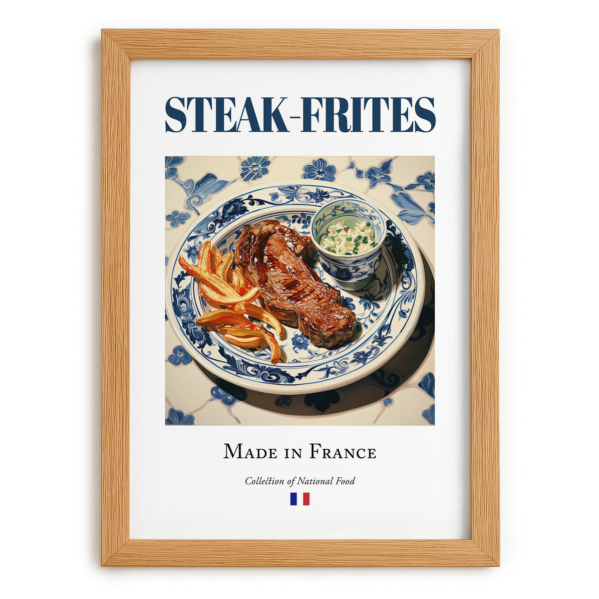 Steak-frites – French Dish, Farmhouse Kitchen Wall Art, set in oak frame