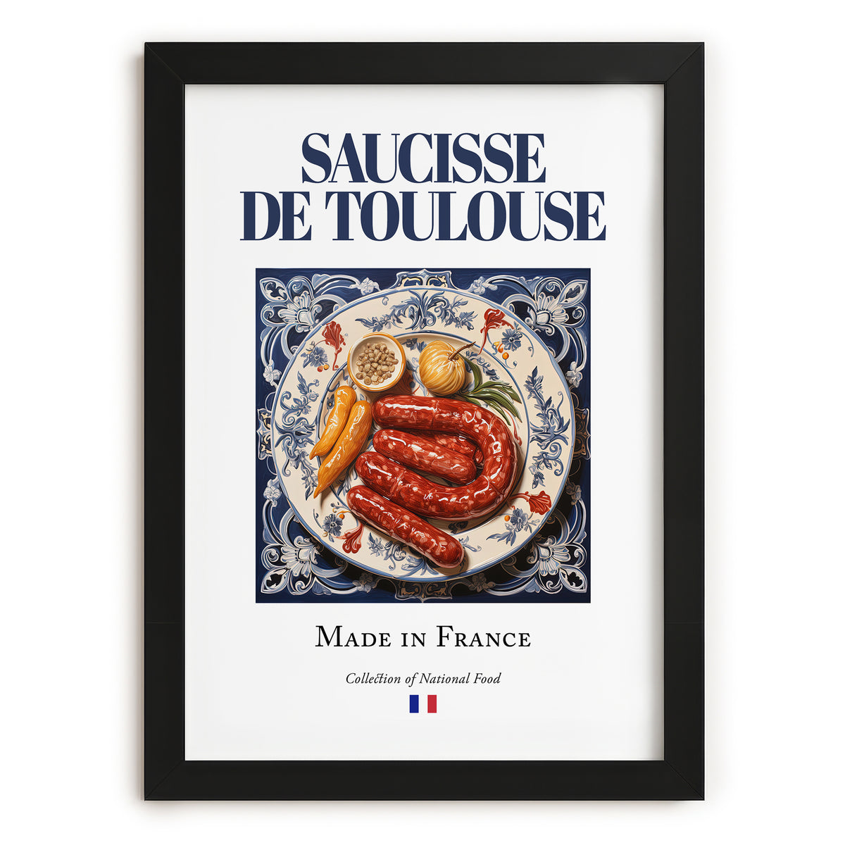 Saucisse de Toulouse – French Meat Dish, Farmhouse Kitchen Illustration, in sleek black frame