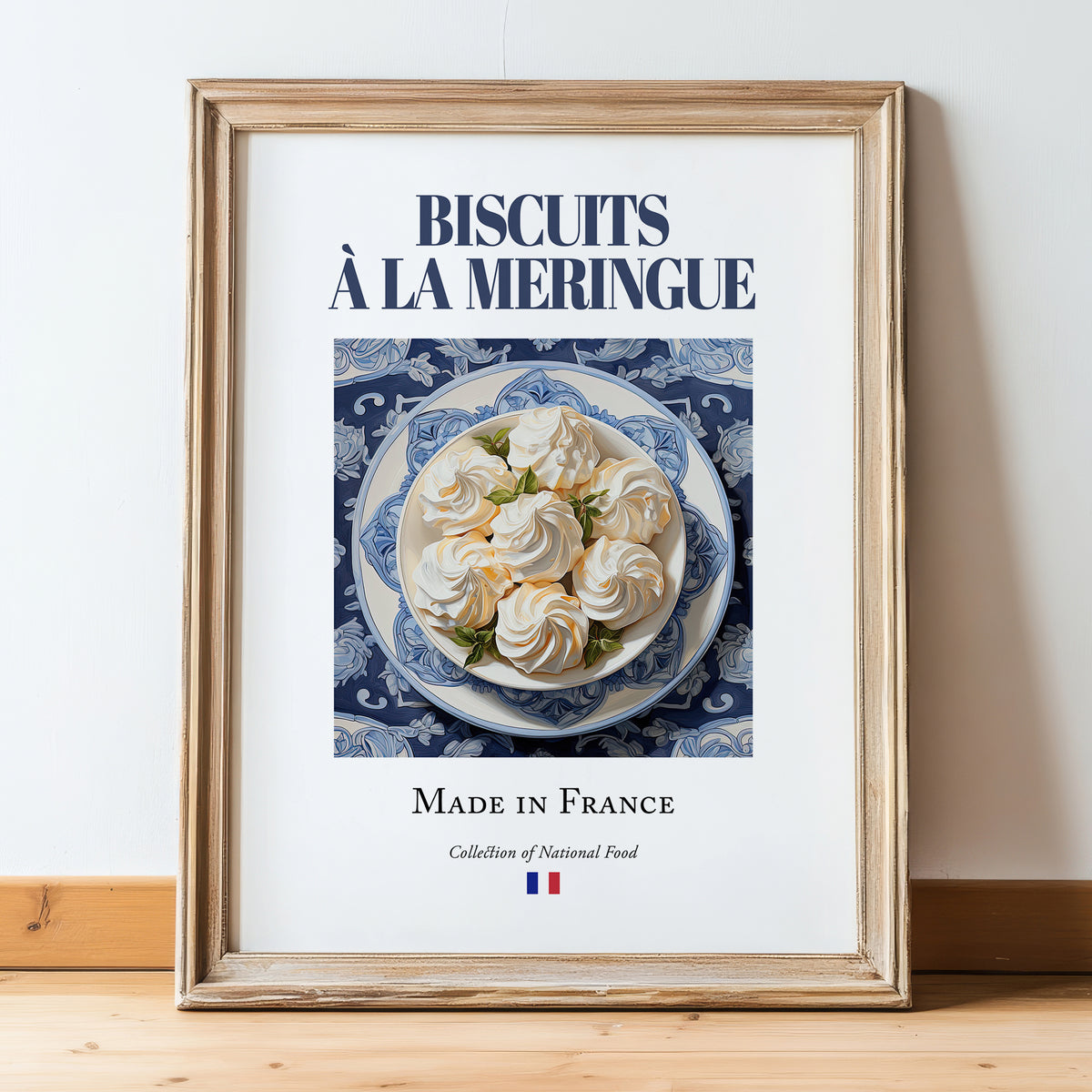 Meringue Cookies – French Dessert Dish, Tavern Art, in wooden frame leaning on the floor