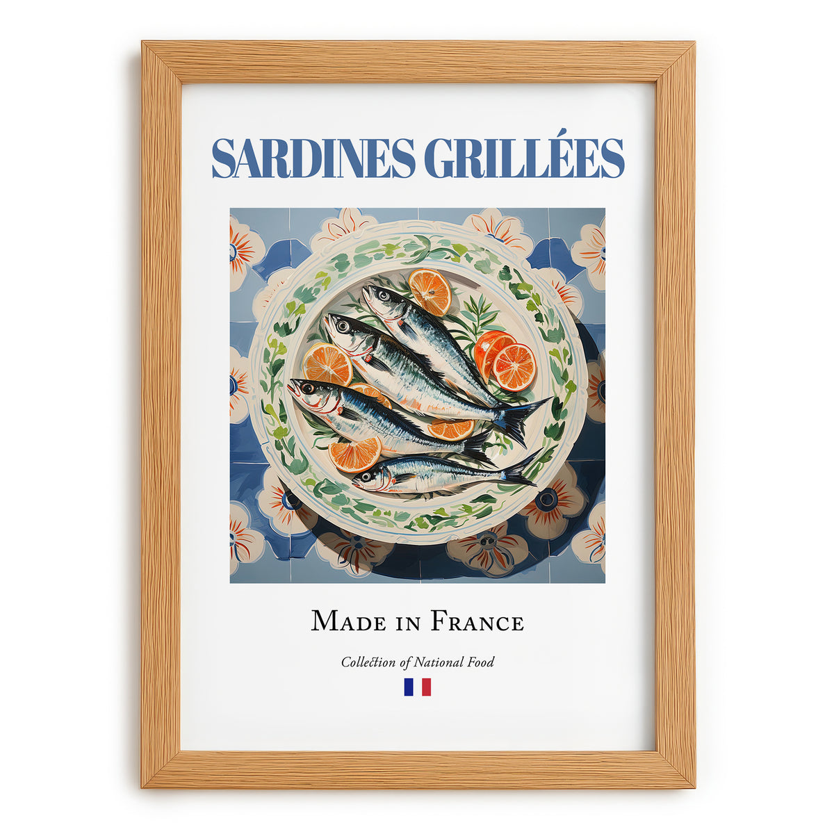 Sardines grillées – French Dish, Brasserie Poster, set in oak frame