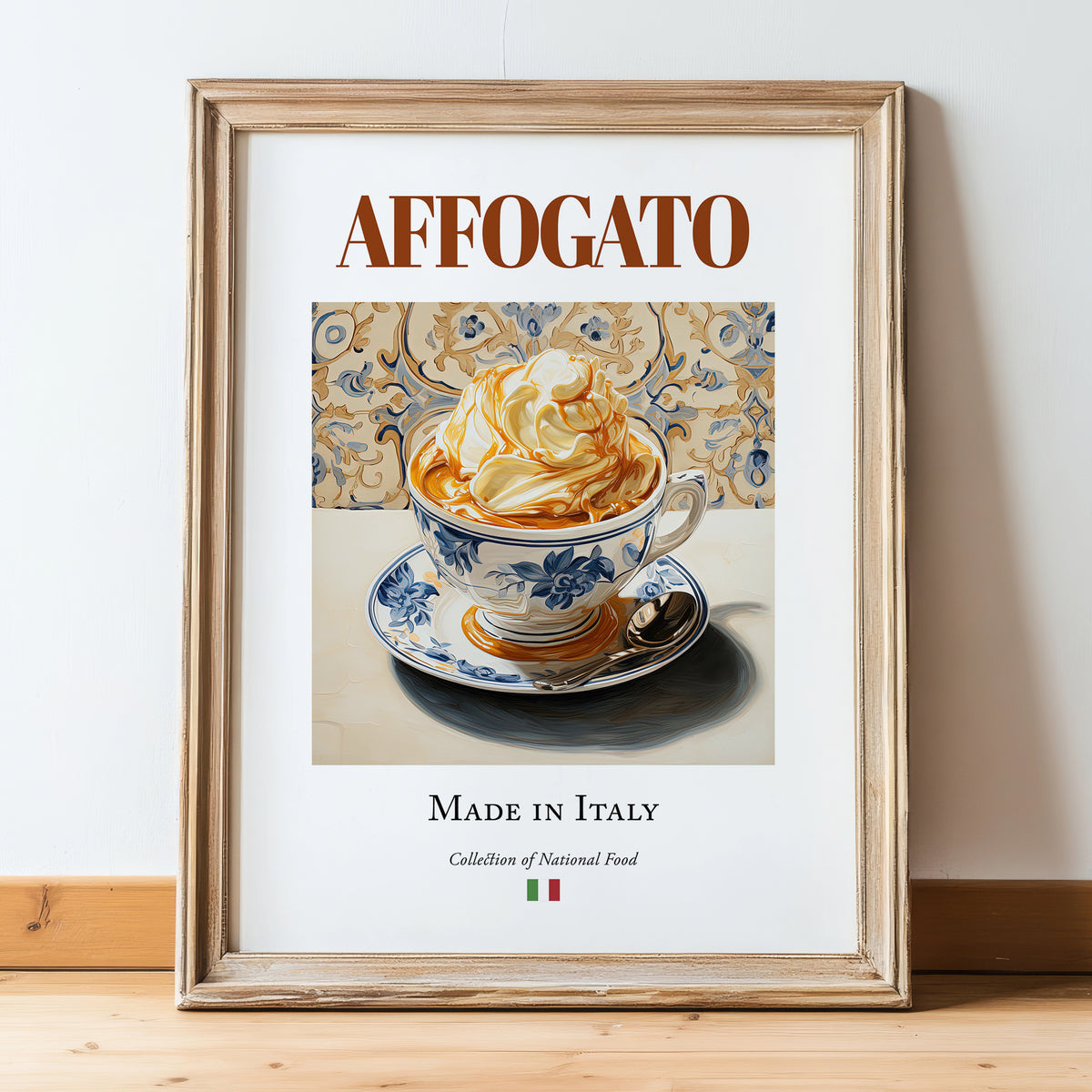 Affogato – Italian Dessert Dish, Farmhouse Kitchen Art, in wooden frame leaning on the floor