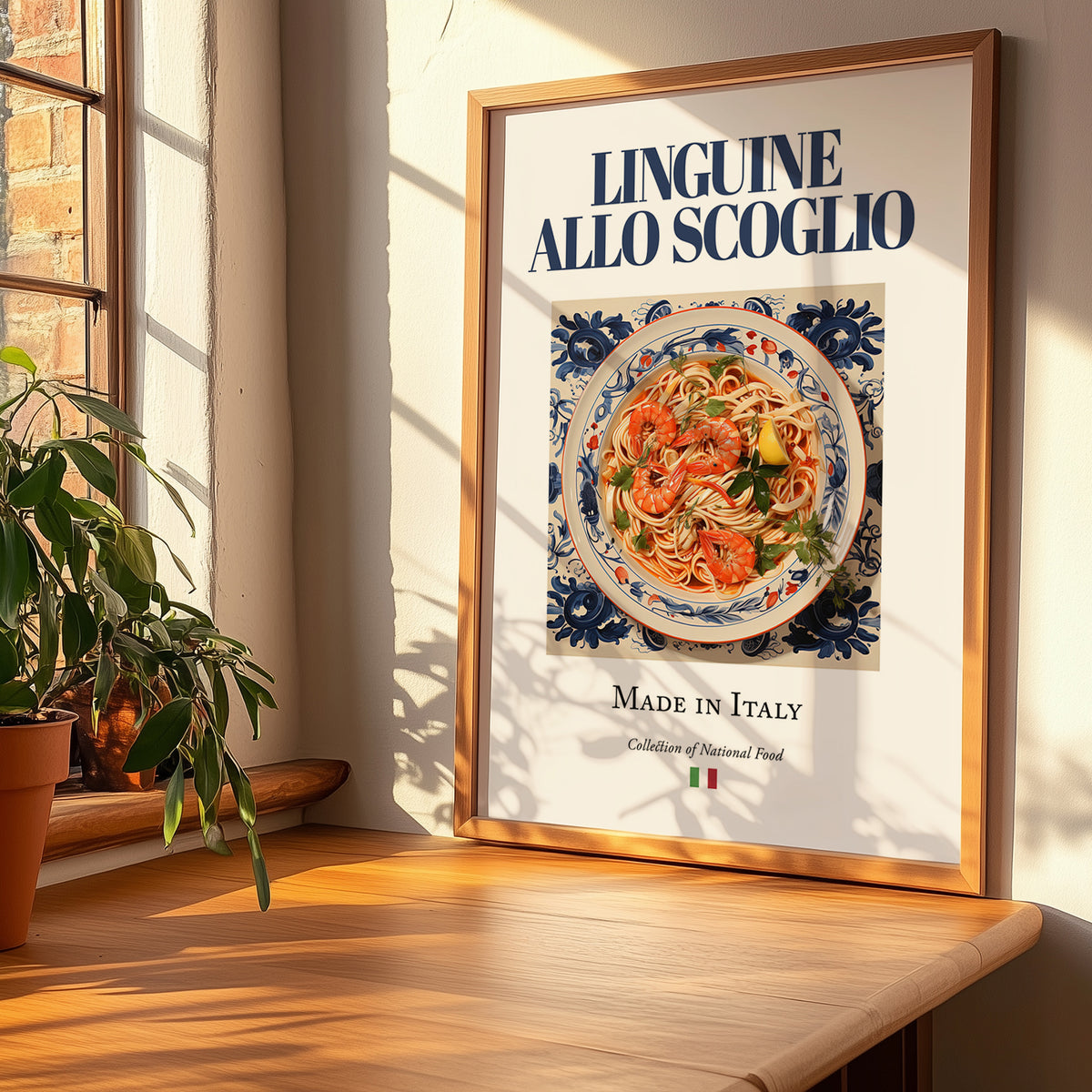Linguine allo scoglio – Italian Pasta, Ristorante Illustration, no-text version framed in wood