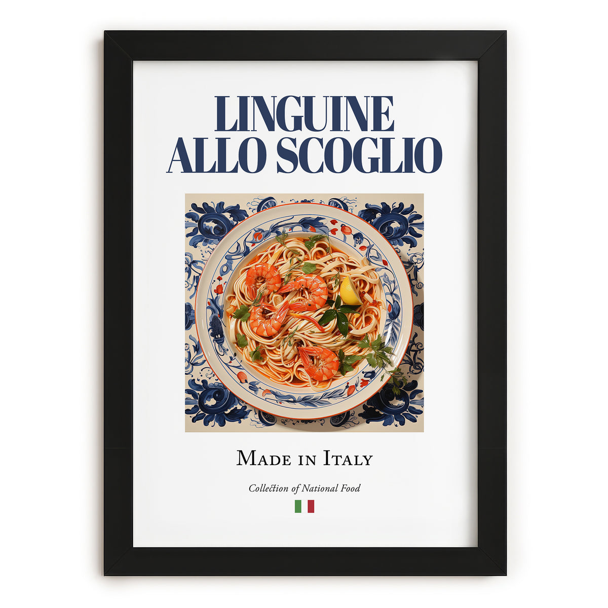 Linguine allo scoglio – Italian Pasta, Ristorante Illustration, in sleek black frame