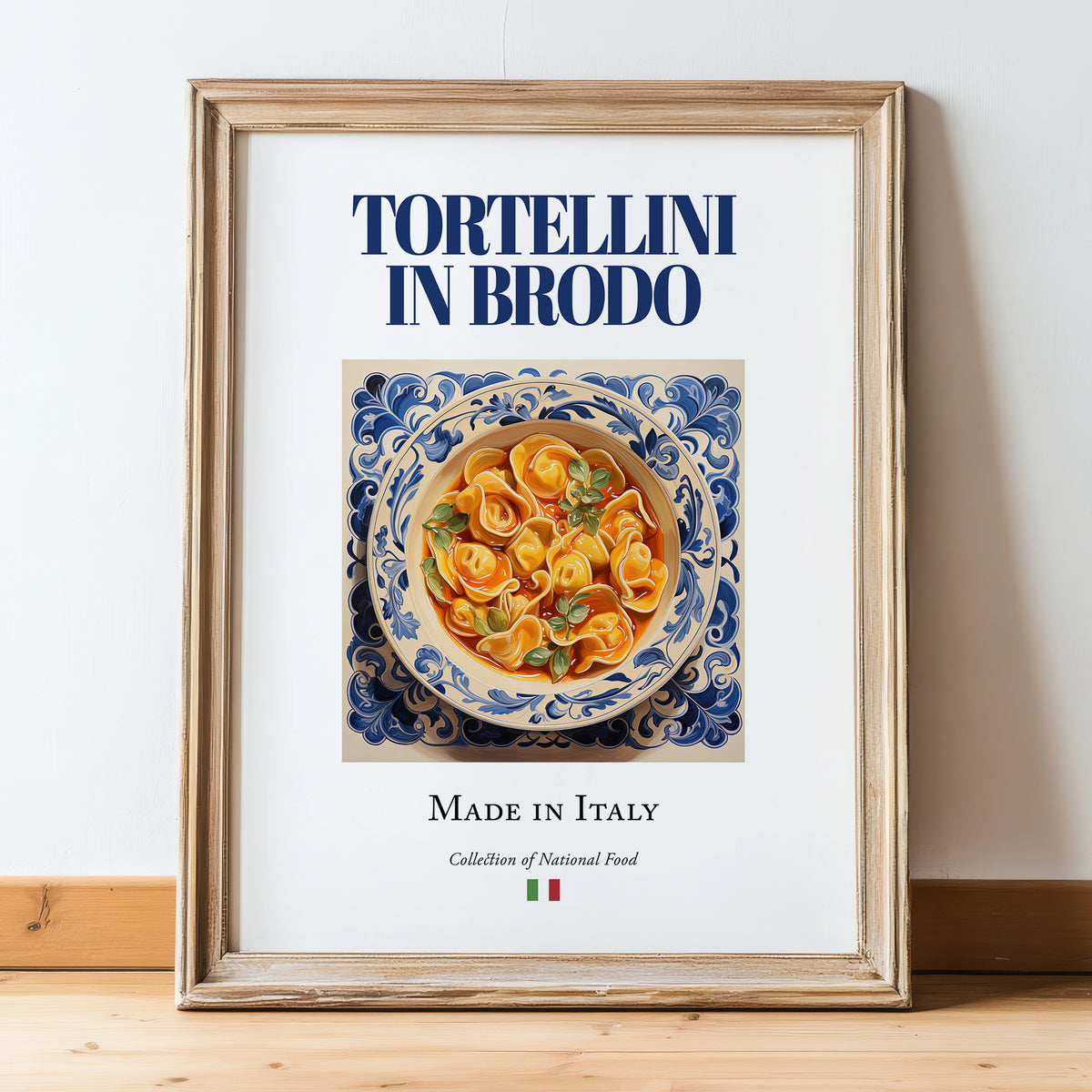 Tortellini in brodo – Italian Pasta, Osteria Illustration, in wooden frame leaning on the floor