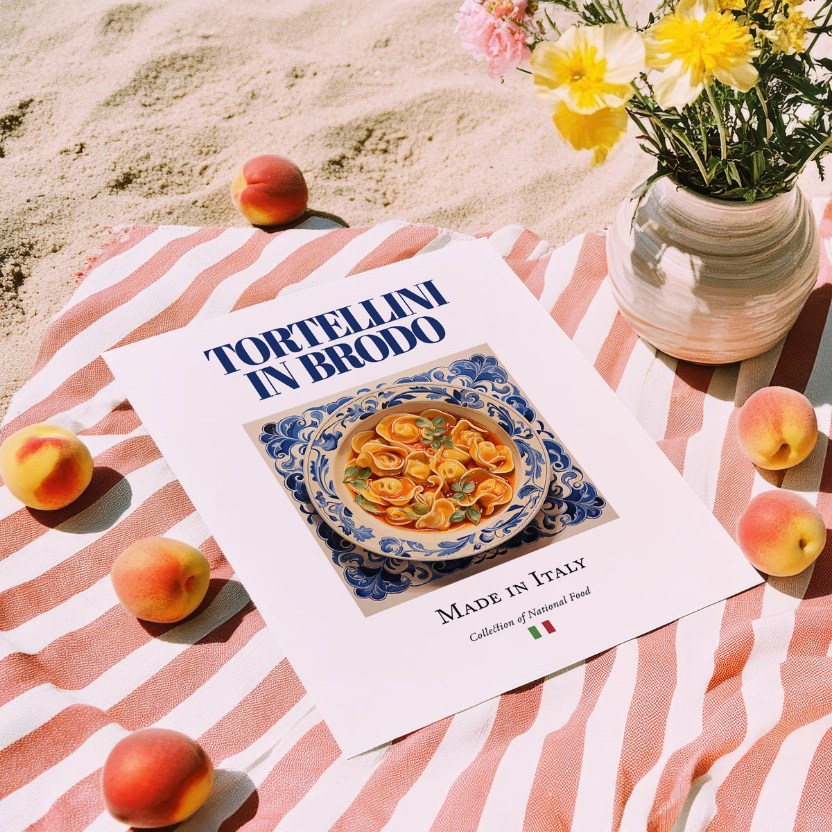 Tortellini in brodo – Italian Pasta, Osteria Illustration, unframed on coastal sand