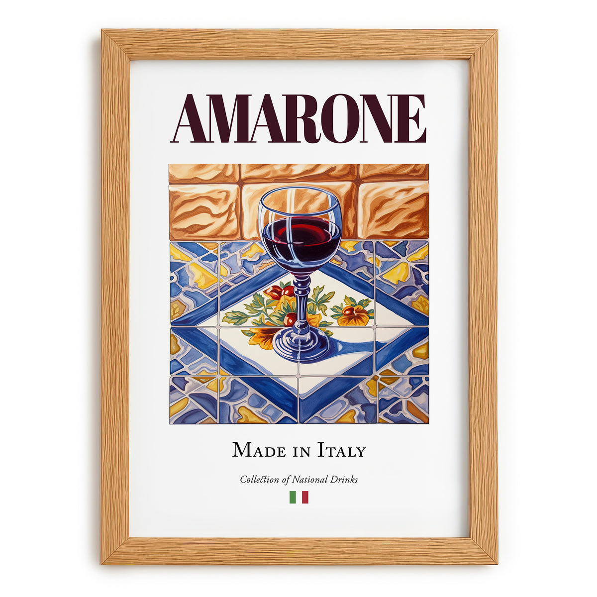 Amarone – Italian Red Wine, Wine Bar Illustration, set in oak frame